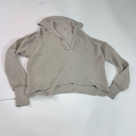 Free People Sweater Womens Small Tan Marlie Deep V-Neck Ribbed Knit Long Sleeve - Picture 1 of 12